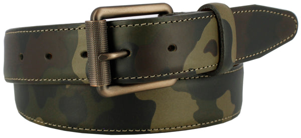 leather printed with green and brown camo pattern. Light green stitching. Oil brass buckle with ridged clasp