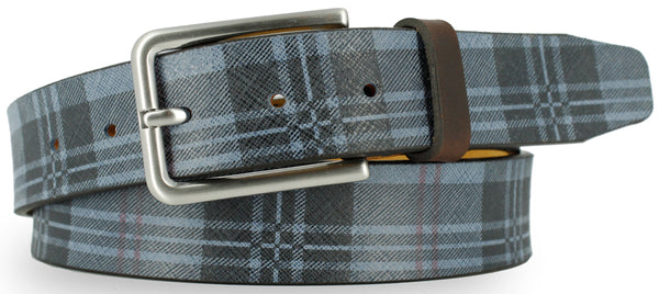 Blue leather with black and red plaid pattern. The buckle is brushed nickel and the loop is a dark brown leather. 