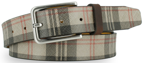 Cream leather with black and red plaid pattern. The buckle is brushed nickel and the loop is a dark brown leather. 
