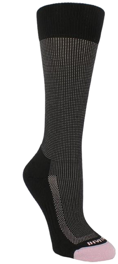 Black sock with pink stitching. Band, heel, and arch are solid black. Toes are pink. Tulliani is stitched beneath the toes in pink