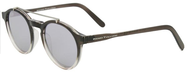 Black frames that fade to clear around the lenses with a round shape and metal bar above the nose. Violet mirror lenses
