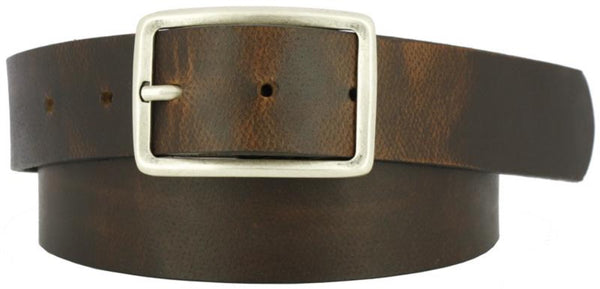 Brown coiled belt with oiled leather with worn look. Center bar buckle  in antiqued nickel