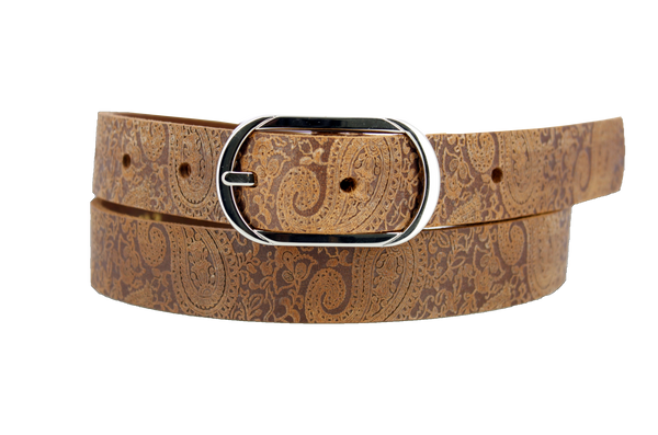 Tan raw leather with paisley pattern pressed into the material. Oval center bar buckle in nickel.