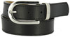 Black leather coiled belt with black stitching. Polished nickel buckle and loop set