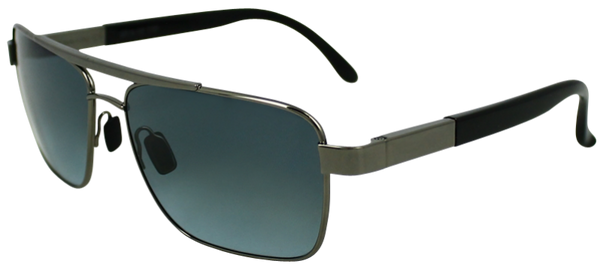 Grey colored metal frame with squared aviator style lenses. Black rubber ear protection.  