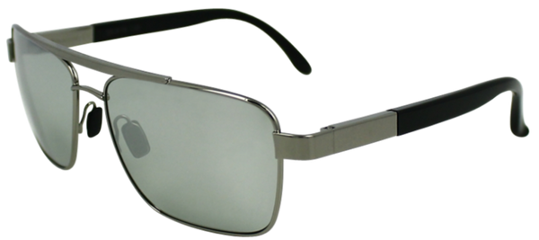 Grey colored metal frame with squared aviator style lenses. Black rubber ear protection. Mirrored lenses
