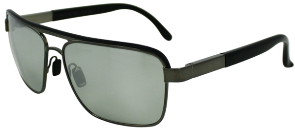 Grey colored metal frame with squared aviator style lenses. Black over ears and lenses. Mirrored lenses