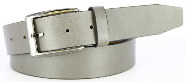grey Italian calfskin belt with leather brushed polished gunmetal