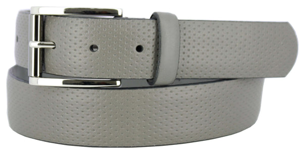 Genuine Italian leather belt with perforation pattern and elegant two-tone nickel buckle.
