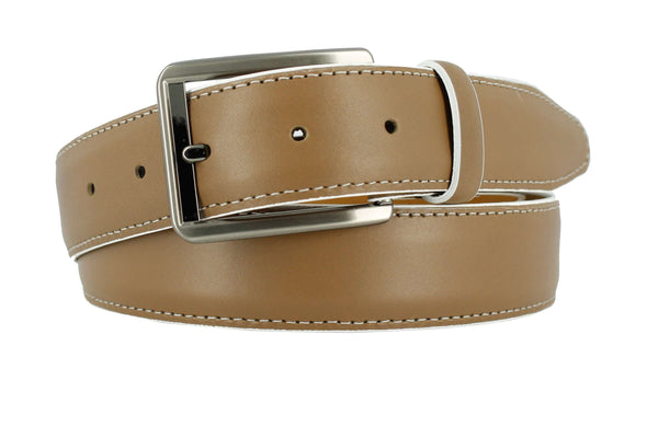 MILANO Italian Calfskin Leather Dress Belt in tan with brushed gunmetal buckle and feather-edge design.