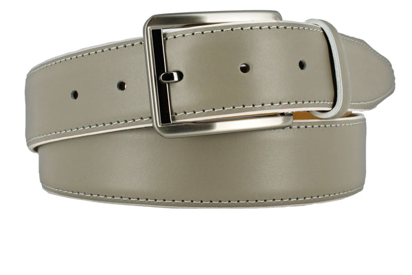 MILANO Italian Calfskin Leather Belt with brushed gunmetal buckle and off-white edge dye.