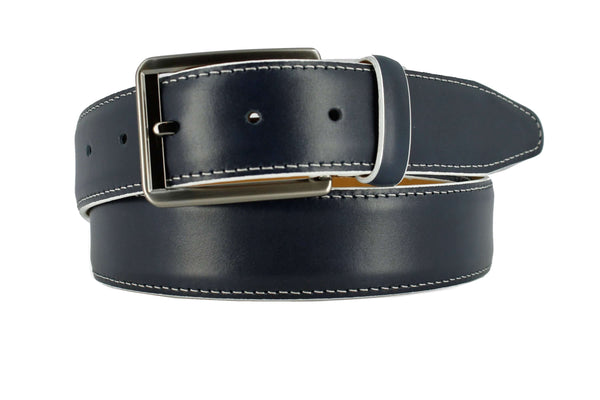 Premium Italian calfskin leather belt with brushed gunmetal buckle and white stitching, perfect for dressy occasions.