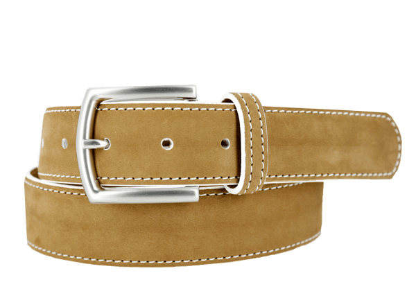 Premium PARMA Italian Suede Belt with brushed nickel buckle and white stitching, crafted in the USA.