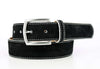 PARMA Italian Suede Belt in black with brushed nickel buckle and white stitching, showcasing premium design and craftsmanship.