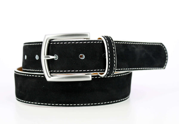 PARMA Italian Suede Belt in black with brushed nickel buckle and white stitching, showcasing premium design and craftsmanship.