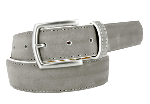 Premium Italian suede belt in gray with brushed nickel buckle and white stitching detail.