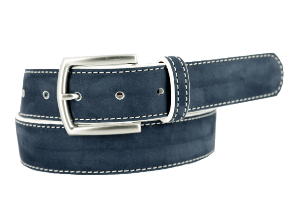 Premium Italian suede belt with brushed nickel buckle and white stitching, crafted for style and quality.