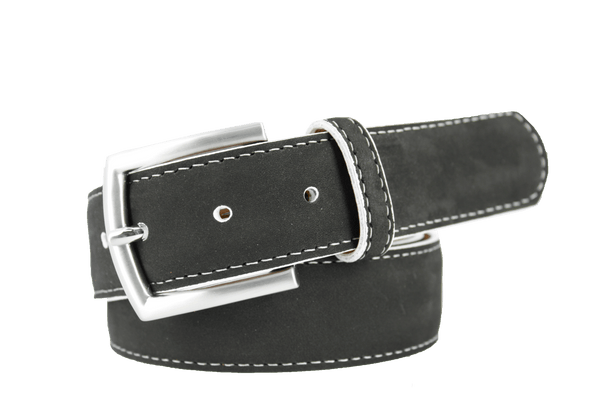 Premium Italian suede belt with brushed nickel buckle and white stitching. Sleek and stylish accessory for any outfit.