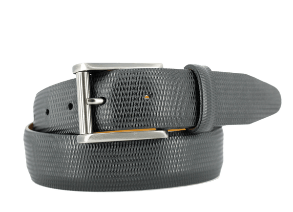 RHO Classic Italian calfskin belt with diamond print and gunmetal buckle, made in USA.