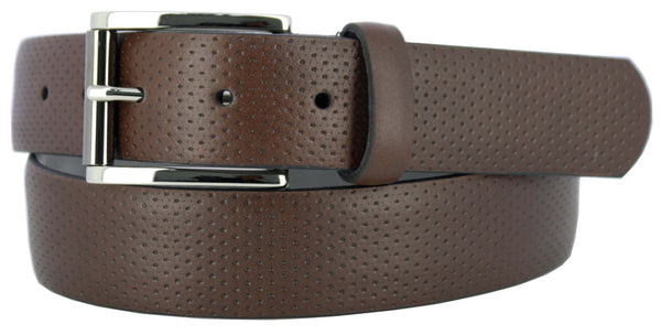 Genuine Italian leather belt with perforation pattern and nickel buckle, stylish accessory for any wardrobe.