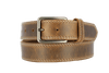 ROTH handcrafted Italian leather belt with oil-rubbed brass buckle, showcasing unique patina and premium craftsmanship.