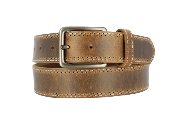 ROTH handcrafted Italian leather belt with oil-rubbed brass buckle, showcasing unique patina and premium craftsmanship.