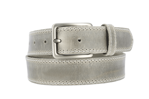ROTH Italian leather belt in gray with a solid brass buckle, handcrafted for unique personal style and durability.