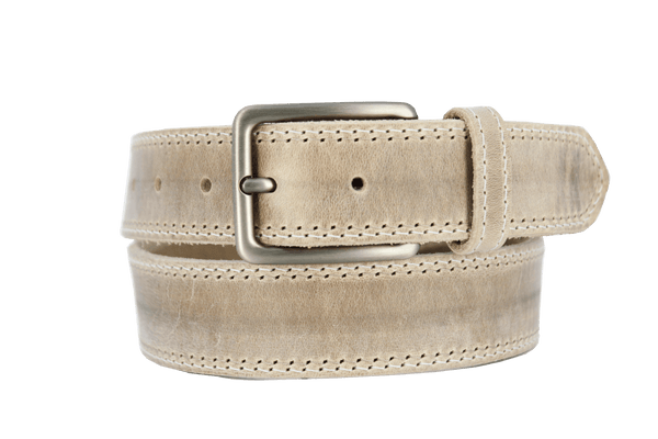 ROTH Italian leather belt with solid brass buckle, showcasing its unique patina and handcrafted details.