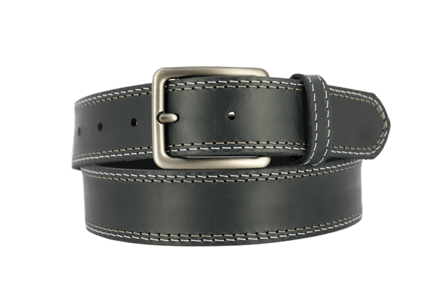 ROTH Italian leather belt with rugged brass buckle and contrast stitching, showcasing premium craftsmanship.