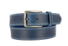 ROTH Italian leather belt in blue with solid brass buckle, handcrafted for unique personal style.