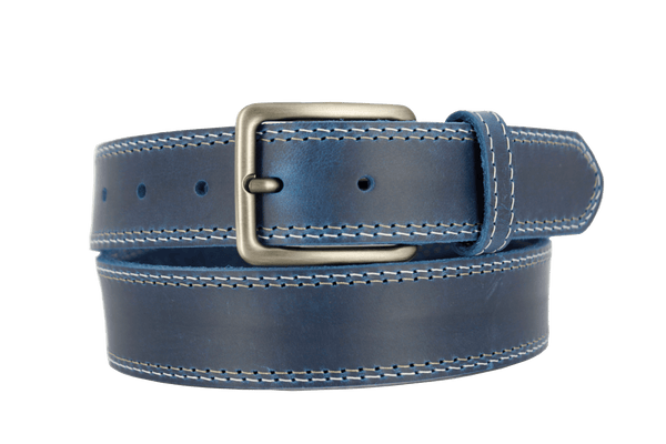 ROTH Italian leather belt in blue with solid brass buckle, handcrafted for unique personal style.