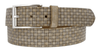 STEEL Italian Leather Woven Checker Belt with antique nickel buckle, showcasing unique texture and modern style.