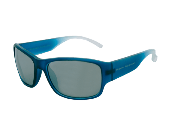 Stylish WRATH sunglasses with blue Grilamid frame and shatter-resistant lenses for UV protection.