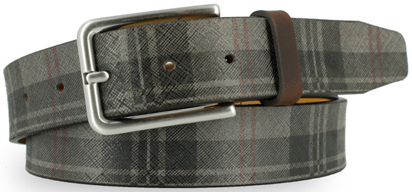 Charcoal leather with black and red plaid pattern. The buckle is brushed nickel and the loop is a dark brown leather. 