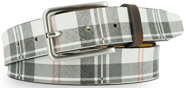 White leather with black and red plaid pattern. The buckle is brushed nickel and the loop is a dark brown leather. 