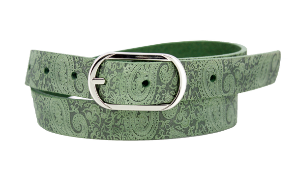 Green raw leather with paisley pattern pressed into the material. Oval center bar buckle in nickel.
