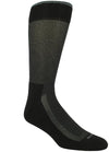 Black sock with grey stitching. Solid black toe, sole, heel, and loop at the top of the sock. 