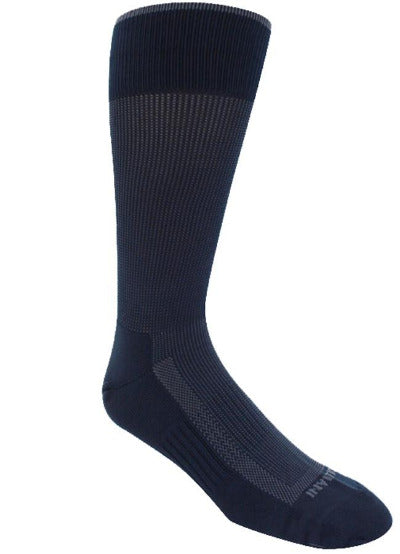 Navy sock with blue stitching. Solid navy toe, sole, heel, and loop at the top of the sock.