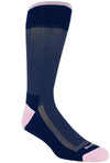 Navy sock with pink stitching. Solid pink rim, toe and heel. Solid navy loop at the top of the sock and sole.