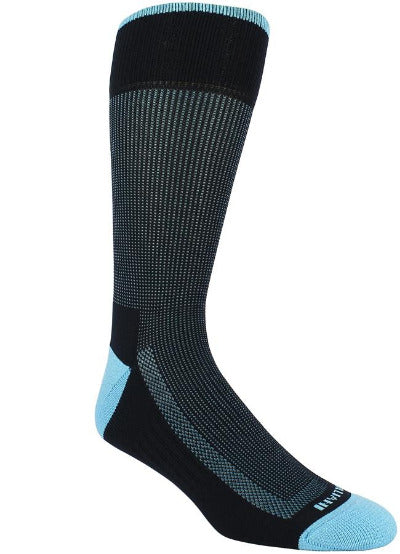 Black sock with light blue stitching. Solid light blue toe and heel. Solid black sole and loop at the top of the sock.
