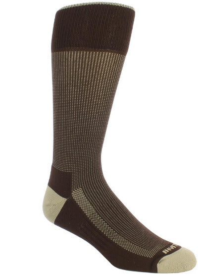 Brown sock with tan stitching. Solid tan toe and heel. Solid brown sole and loop at the top of the sock.