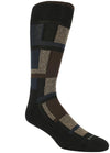 Black socks with brown, tan, and navy blocks of varying sizes.