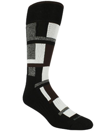 Black socks with brown, heather grey, and white blocks of varying sizes.