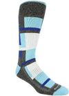 Heather grey sock with white, sky blue, and blue blocks. Sky blue toe, heel, and rim.