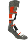 Heather grey sock with white, black, and red blocks.