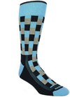Black sock with sky blue band checkered black blocks with heather grey and sky blue interlaced. Sky blue toe and heel. 
