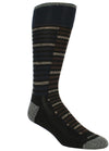 Black sock with brown, navy, and tan alternating bands two at a time over the ankle and top of the foot. Grey toe and heel.