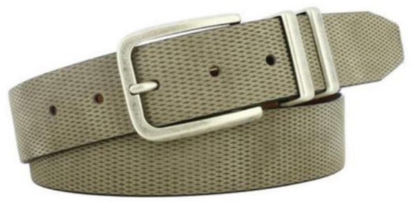 Tan Italian-suede micro-diamond-pattern worn-nickel-buckle antiqued-nickel-double-loops