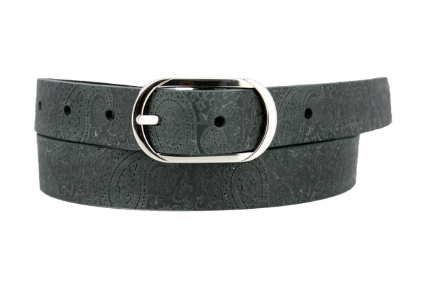 Black raw leather with paisley pattern pressed into the material. Oval center bar buckle in nickel.