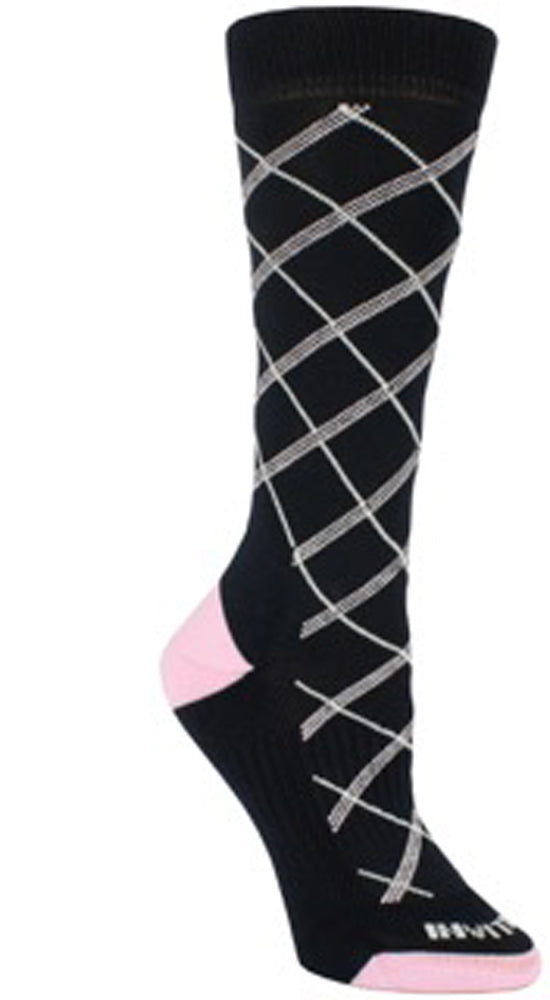 Navy sock with pink diagonal lines across the ankle and top of foot. Lines cross one another to make the outline of diamonds with the pink stitching. Heel and toe are pink as well as the name Tulliani stitched beneath the toes